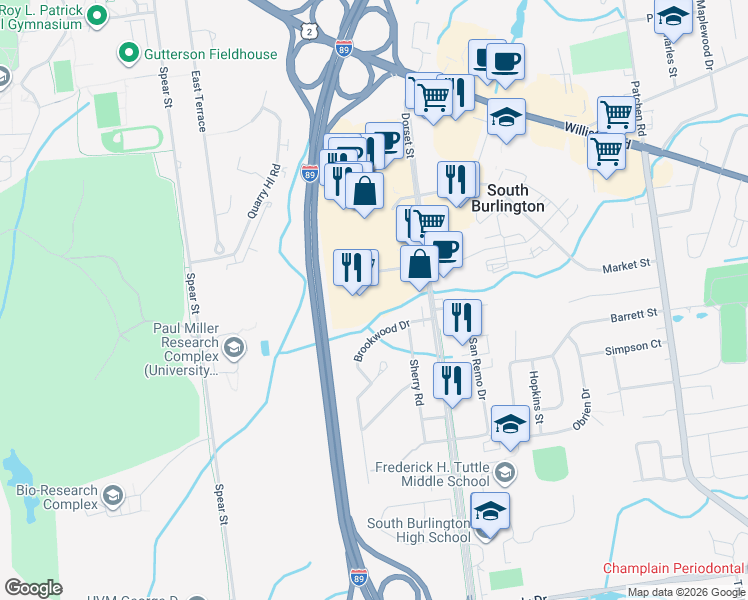 map of restaurants, bars, coffee shops, grocery stores, and more near 215 Dorset Street in South Burlington