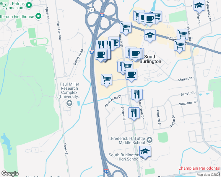 map of restaurants, bars, coffee shops, grocery stores, and more near 215 Dorset Street in South Burlington