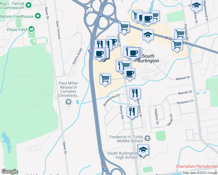 map of restaurants, bars, coffee shops, grocery stores, and more near 215 Dorset Street in South Burlington