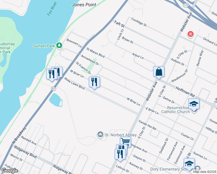 map of restaurants, bars, coffee shops, grocery stores, and more near 401 Saint Francis Drive in Allouez