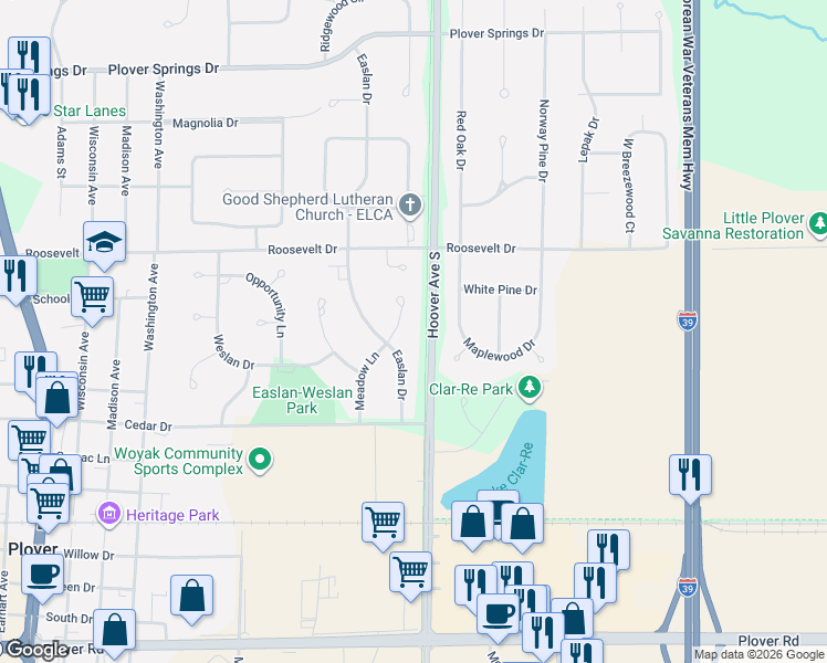 map of restaurants, bars, coffee shops, grocery stores, and more near 2310 Meadow Lane in Plover