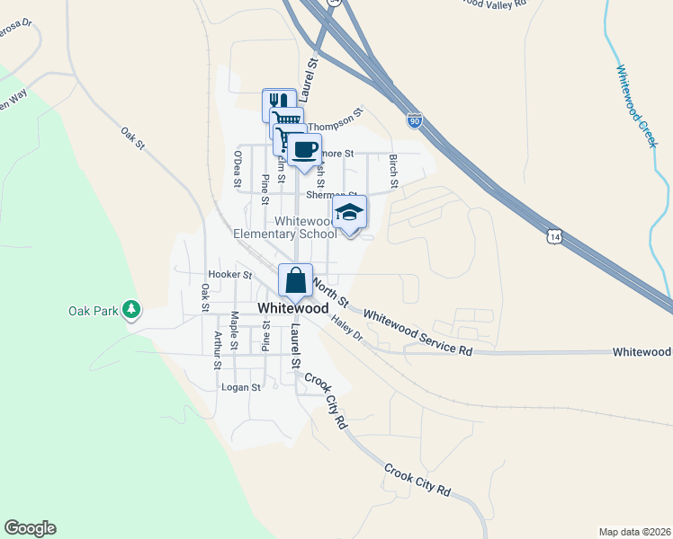 map of restaurants, bars, coffee shops, grocery stores, and more near 1110 Ash Street in Whitewood