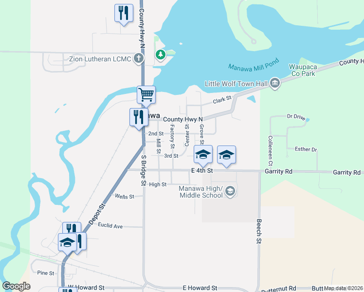 map of restaurants, bars, coffee shops, grocery stores, and more near 311 2nd Street in Manawa