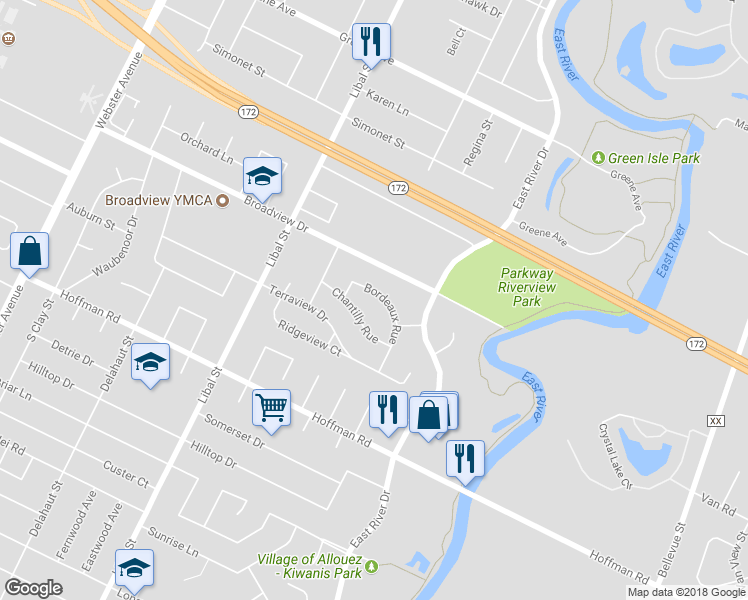 map of restaurants, bars, coffee shops, grocery stores, and more near 706 Bordeaux Rue in Green Bay