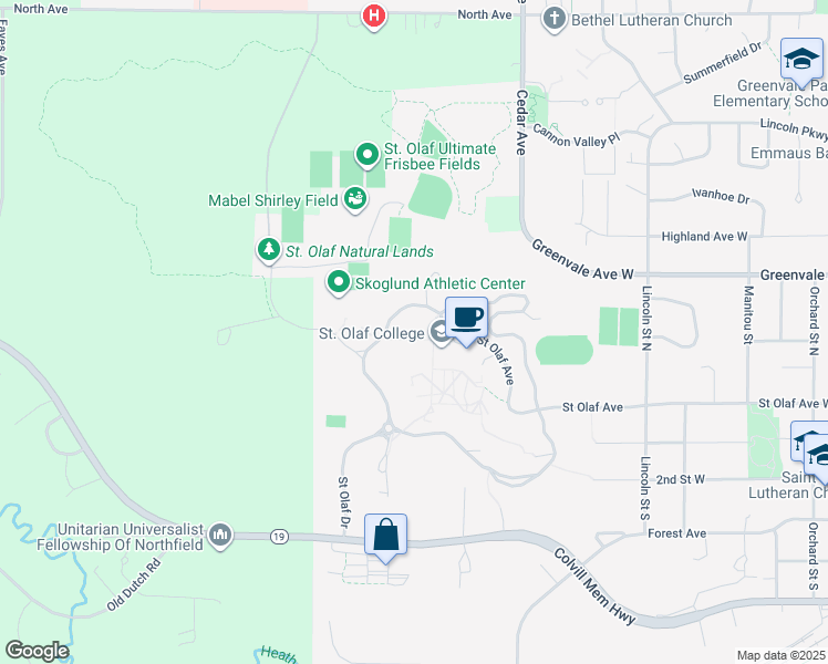map of restaurants, bars, coffee shops, grocery stores, and more near 1520 St. Olaf Avenue in Northfield