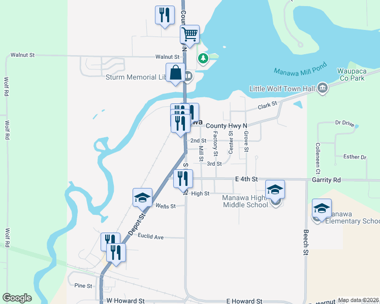 map of restaurants, bars, coffee shops, grocery stores, and more near 414 South Bridge Street in Manawa