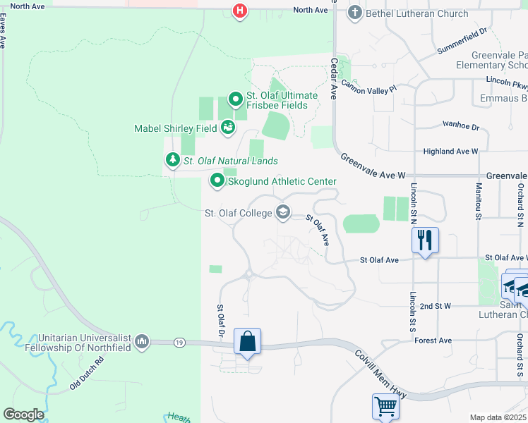map of restaurants, bars, coffee shops, grocery stores, and more near 1520 Saint Olaf Avenue in Northfield