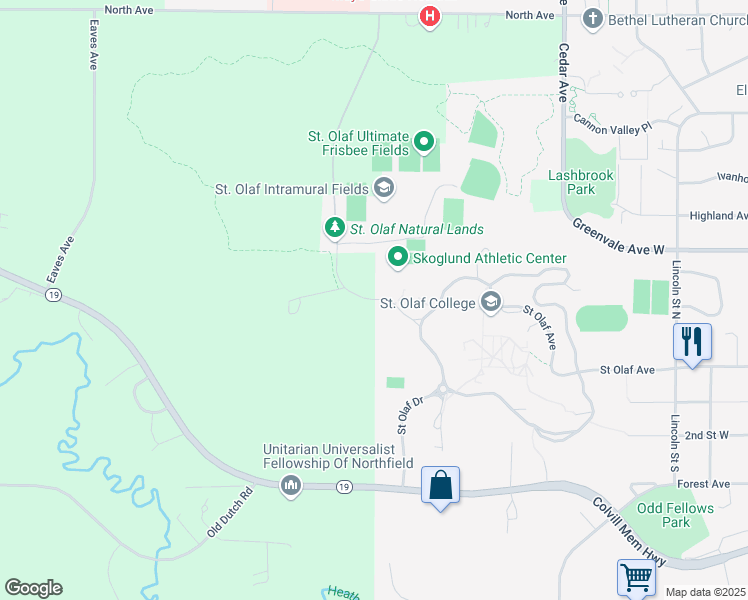 map of restaurants, bars, coffee shops, grocery stores, and more near Campus Drive in Northfield
