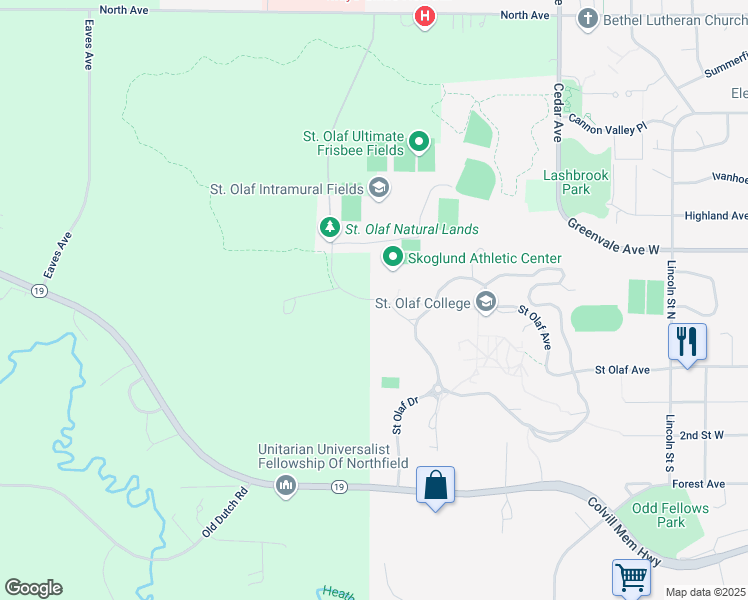 map of restaurants, bars, coffee shops, grocery stores, and more near Campus Drive in Northfield