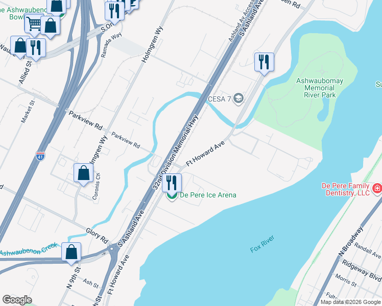 map of restaurants, bars, coffee shops, grocery stores, and more near 1633 Fort Howard Avenue in De Pere
