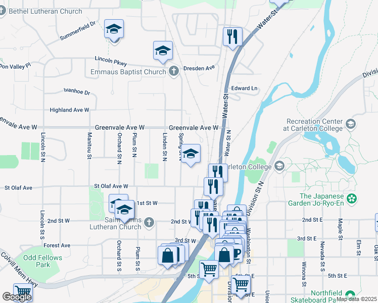 map of restaurants, bars, coffee shops, grocery stores, and more near 310 Spring Street South in Northfield