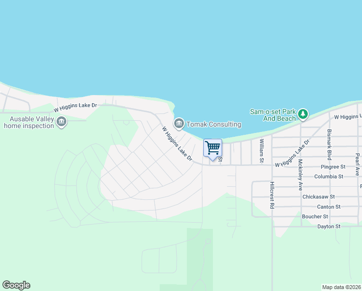 map of restaurants, bars, coffee shops, grocery stores, and more near Lakeview Road in Roscommon