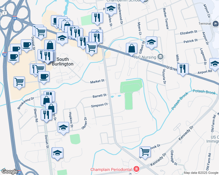 map of restaurants, bars, coffee shops, grocery stores, and more near 150 Hinesburg Road in South Burlington