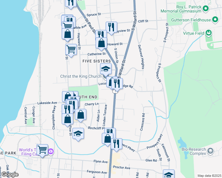 map of restaurants, bars, coffee shops, grocery stores, and more near 149 Locust Street in Burlington