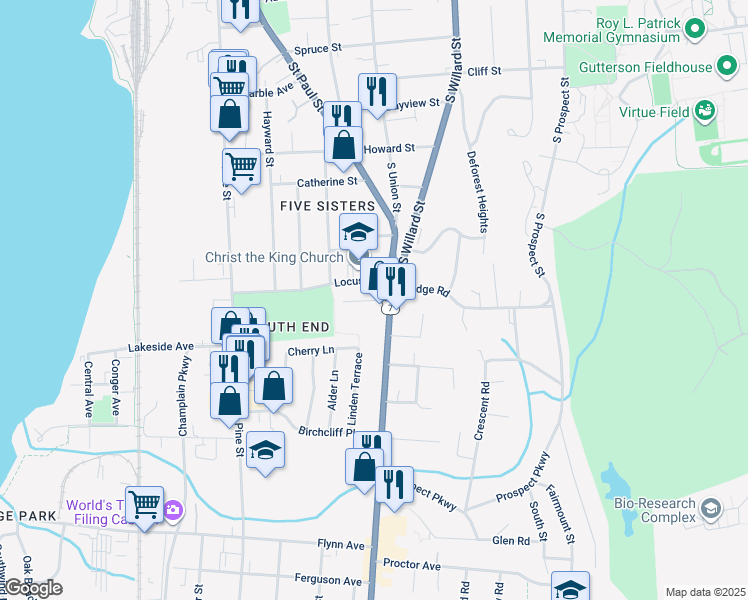 map of restaurants, bars, coffee shops, grocery stores, and more near 149 Locust Street in Burlington
