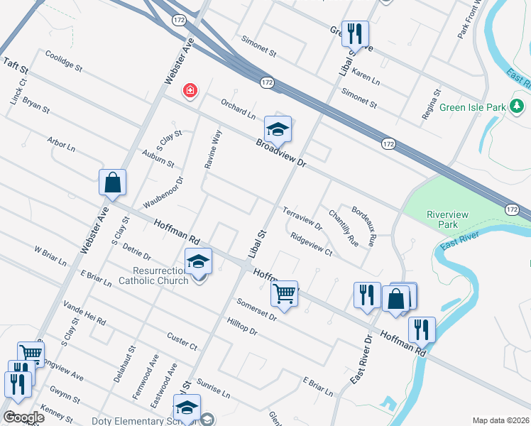 map of restaurants, bars, coffee shops, grocery stores, and more near 3137 Ridgeview Terrace in Green Bay
