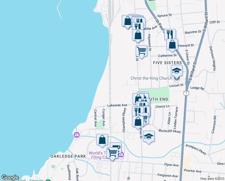 map of restaurants, bars, coffee shops, grocery stores, and more near 128 Lakeside Avenue in Burlington