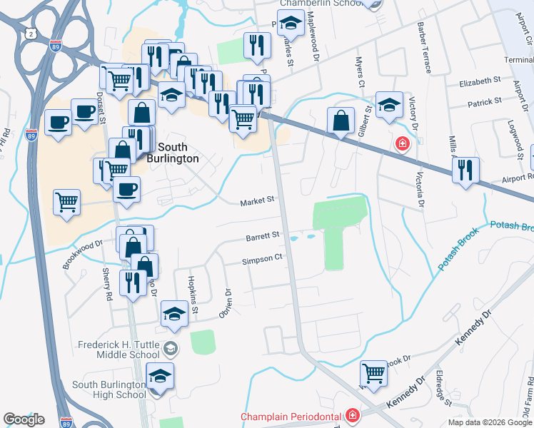 map of restaurants, bars, coffee shops, grocery stores, and more near 4 Iby Street in South Burlington