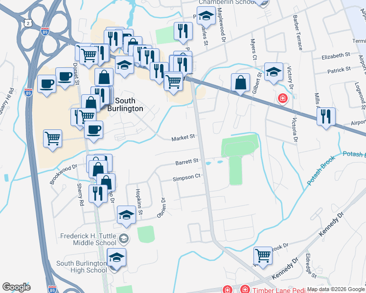map of restaurants, bars, coffee shops, grocery stores, and more near 4 Iby Street in South Burlington