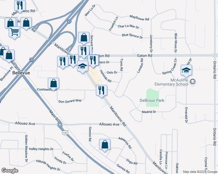 map of restaurants, bars, coffee shops, grocery stores, and more near 2791 Continental Drive in Green Bay