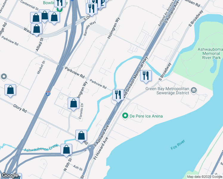 map of restaurants, bars, coffee shops, grocery stores, and more near 696 Parkview Road in Ashwaubenon