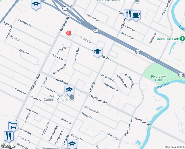 map of restaurants, bars, coffee shops, grocery stores, and more near 3137 Ridgeview Terrace in Green Bay