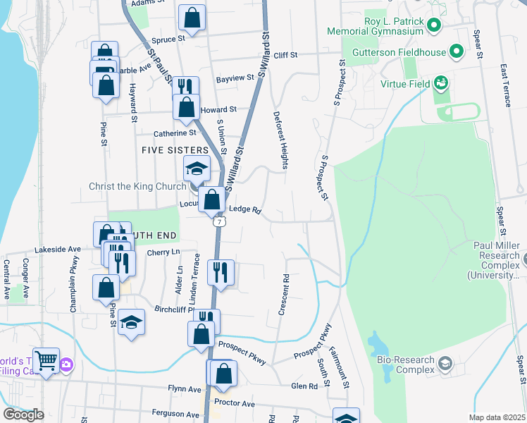 map of restaurants, bars, coffee shops, grocery stores, and more near 100 Ledge Road in Burlington