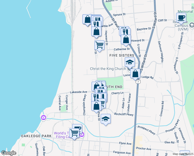map of restaurants, bars, coffee shops, grocery stores, and more near Pine St & Locust St in Burlington