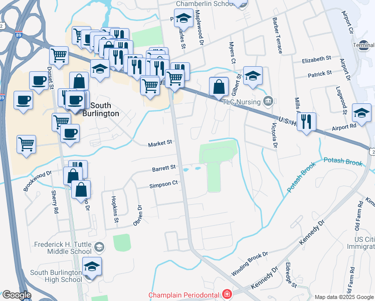 map of restaurants, bars, coffee shops, grocery stores, and more near 150 Hinesburg Road in South Burlington