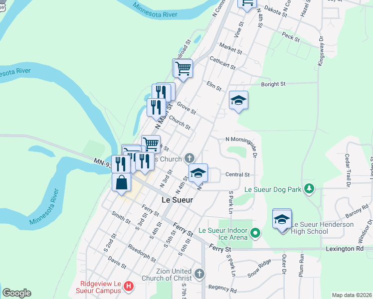 map of restaurants, bars, coffee shops, grocery stores, and more near 311 North 3rd Street in Le Sueur