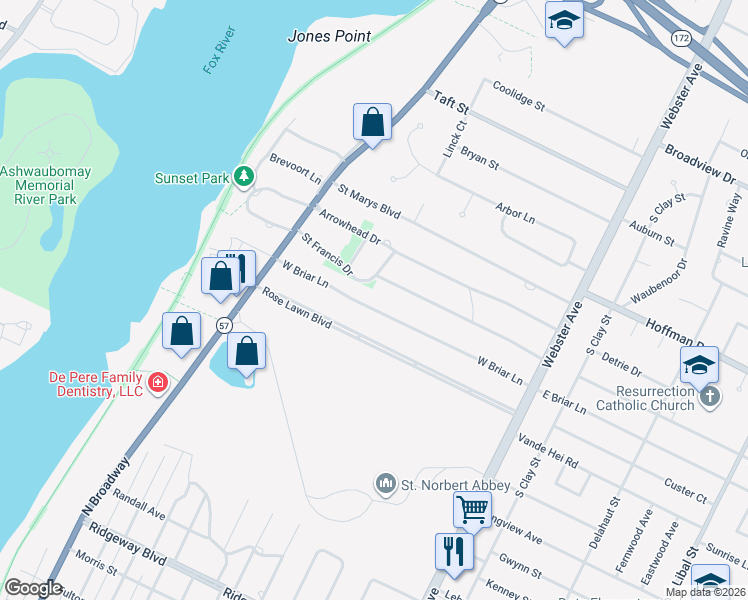 map of restaurants, bars, coffee shops, grocery stores, and more near 410 West Briar Lane in Green Bay
