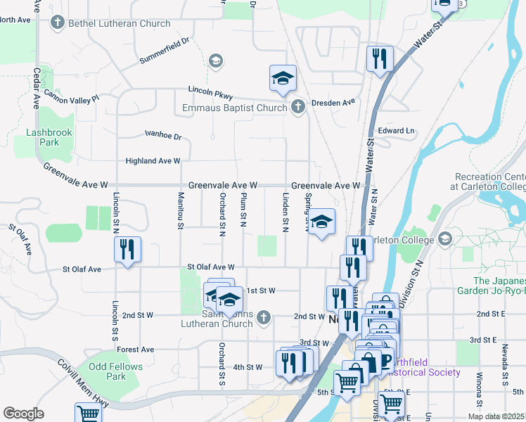 map of restaurants, bars, coffee shops, grocery stores, and more near in Northfield