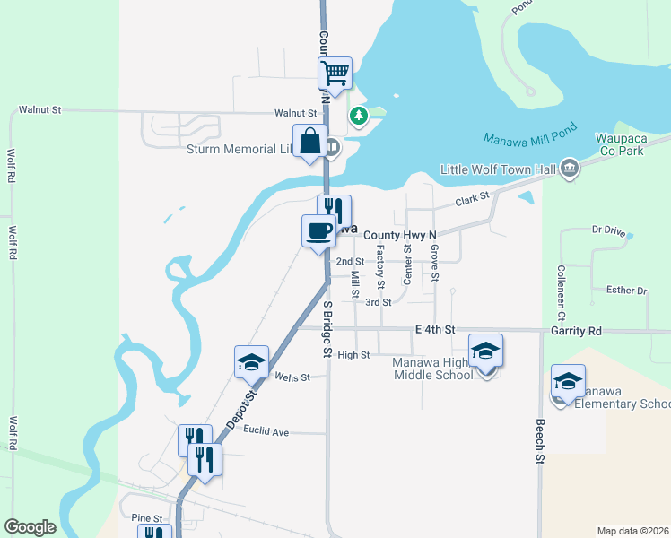 map of restaurants, bars, coffee shops, grocery stores, and more near 414 South Bridge Street in Manawa