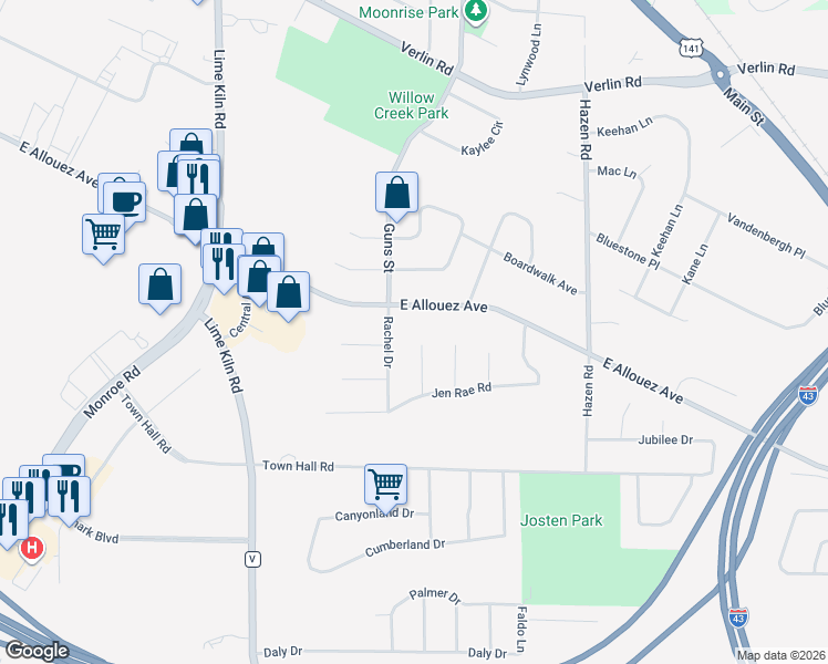map of restaurants, bars, coffee shops, grocery stores, and more near 2106 Rose Francis Court in Green Bay