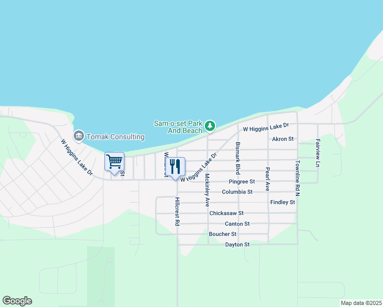 map of restaurants, bars, coffee shops, grocery stores, and more near 437 Lone Pine Street in Roscommon