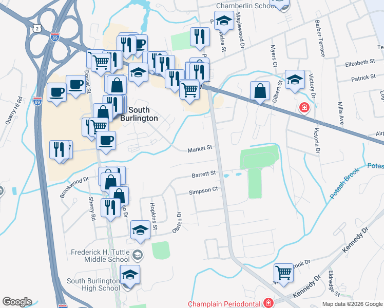 map of restaurants, bars, coffee shops, grocery stores, and more near 465 Market Street in South Burlington