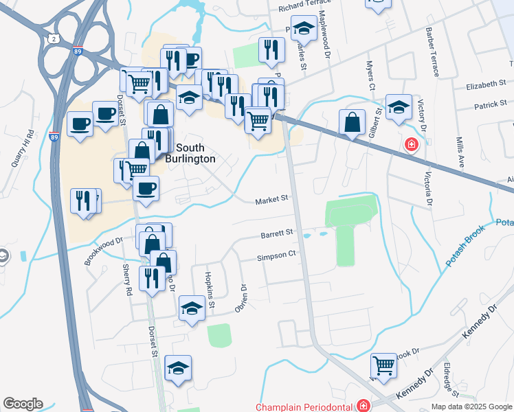 map of restaurants, bars, coffee shops, grocery stores, and more near 465 Market Street in South Burlington