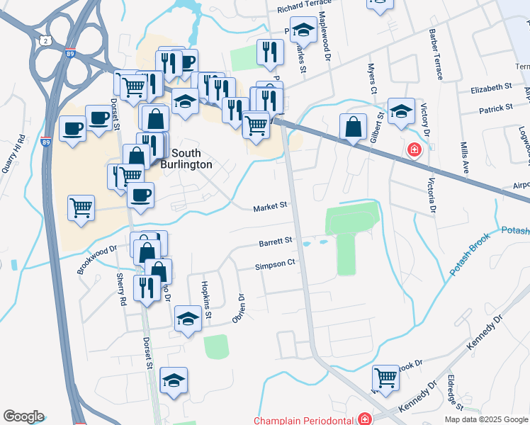 map of restaurants, bars, coffee shops, grocery stores, and more near 465 Market Street in South Burlington