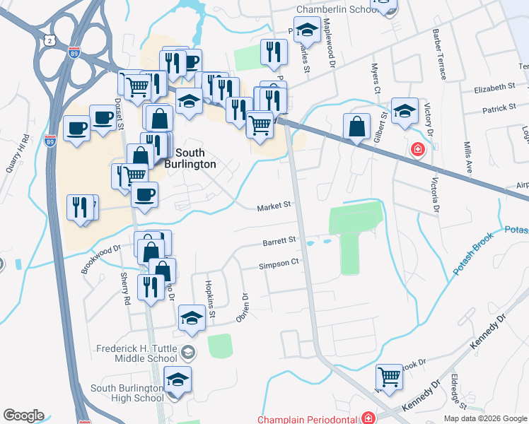 map of restaurants, bars, coffee shops, grocery stores, and more near 465 Market Street in South Burlington