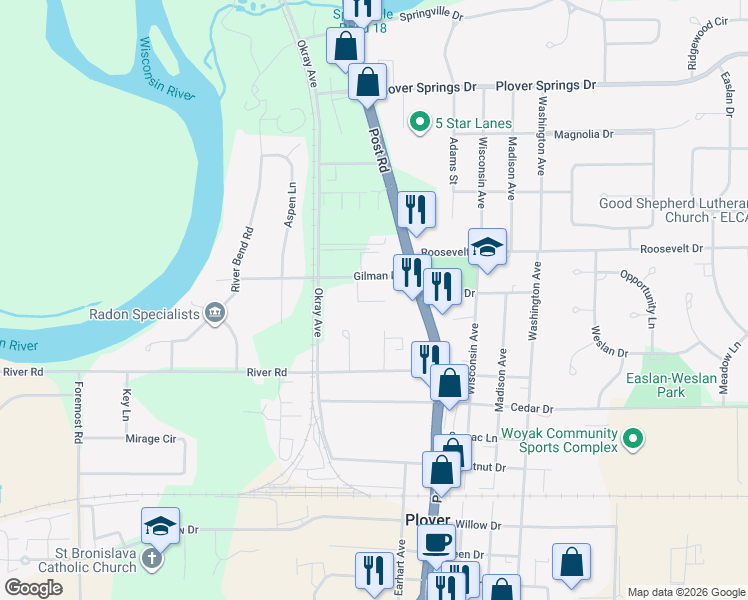 map of restaurants, bars, coffee shops, grocery stores, and more near 2838 New Freedom Dr in Plover