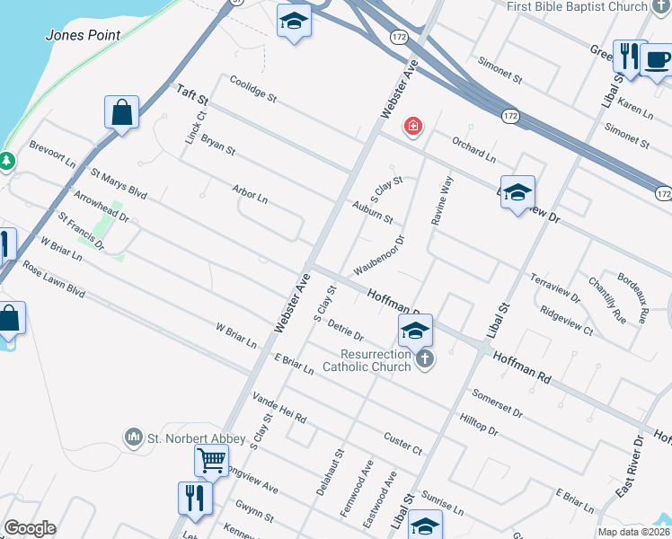 map of restaurants, bars, coffee shops, grocery stores, and more near 3282 South Clay Street in Green Bay