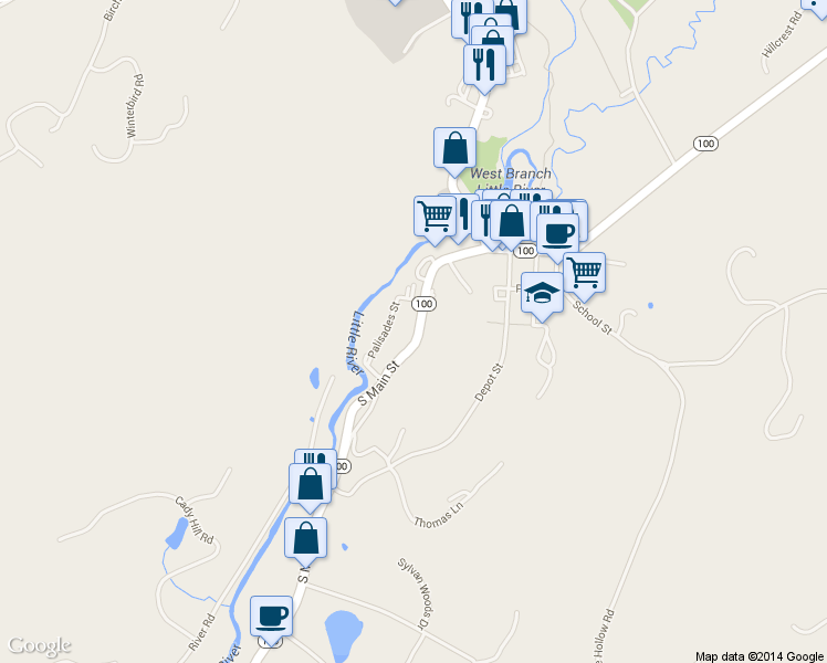 map of restaurants, bars, coffee shops, grocery stores, and more near 246 South Main Street in Stowe