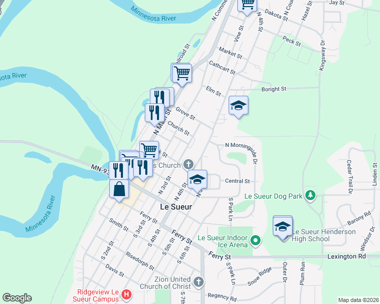 map of restaurants, bars, coffee shops, grocery stores, and more near 311 North 3rd Street in Le Sueur