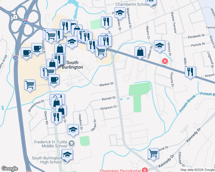 map of restaurants, bars, coffee shops, grocery stores, and more near 4 Iby Street in South Burlington