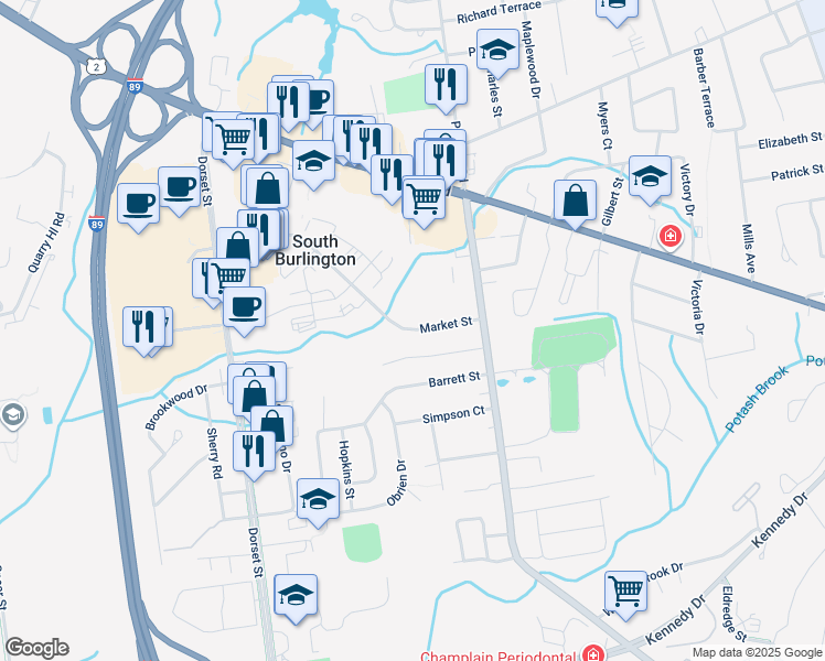 map of restaurants, bars, coffee shops, grocery stores, and more near 465 Market Street in South Burlington