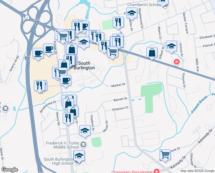 map of restaurants, bars, coffee shops, grocery stores, and more near 465 Market Street in South Burlington