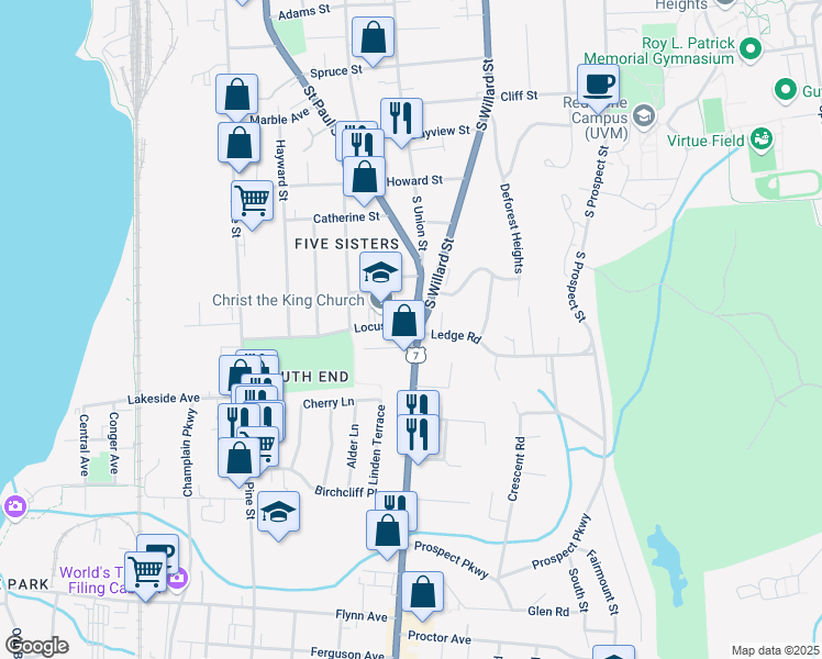 map of restaurants, bars, coffee shops, grocery stores, and more near 82 Shelburne Road in Burlington