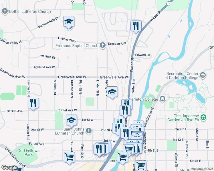 map of restaurants, bars, coffee shops, grocery stores, and more near Spring Street North in Northfield