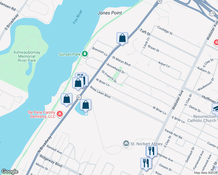 map of restaurants, bars, coffee shops, grocery stores, and more near 481 West Briar Lane in Green Bay