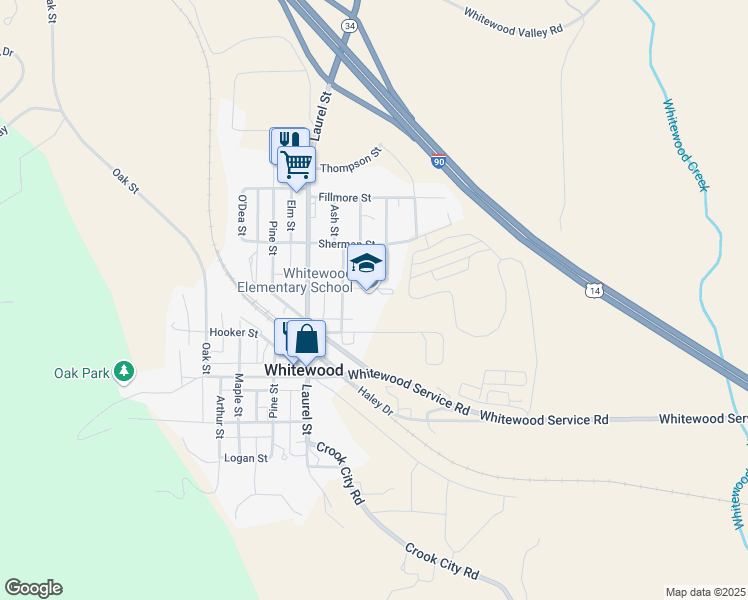 map of restaurants, bars, coffee shops, grocery stores, and more near 603 Garfield Street in Whitewood